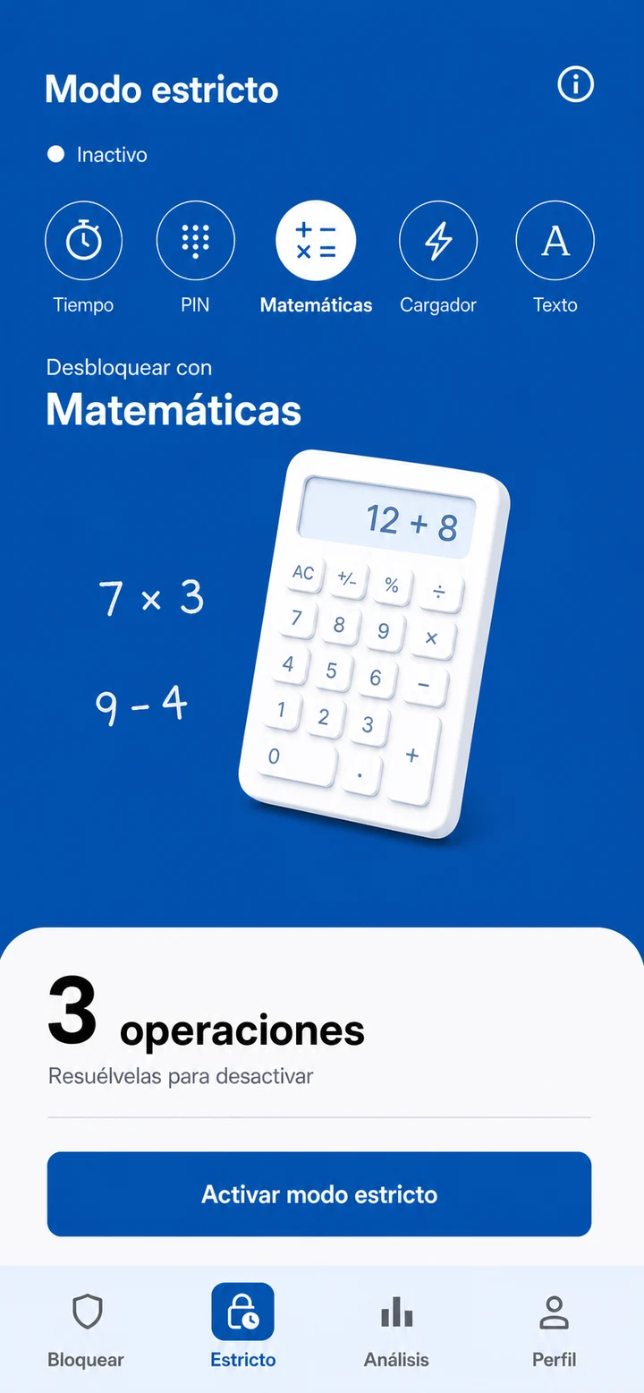 Modo estricto de NotNow con desbloqueo mediante matemáticas